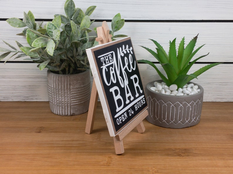 Coffee Bar Ceramic Tile Sign with Easel, The Coffee Bar Open 24 Hours Sign, Farmhouse Tiered Tray Coffee Sign, 4.25x4.25 inches image 6