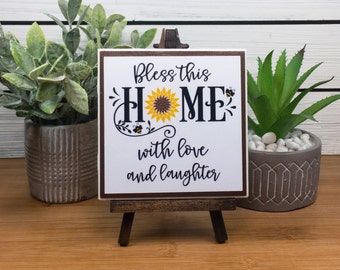 Bless This Home with Love and Laughter Ceramic Tile Sign with Easel, Farmhouse Kitchen Blessing, Sunflower & Bee Tiered Tray Decor. 4.25 in