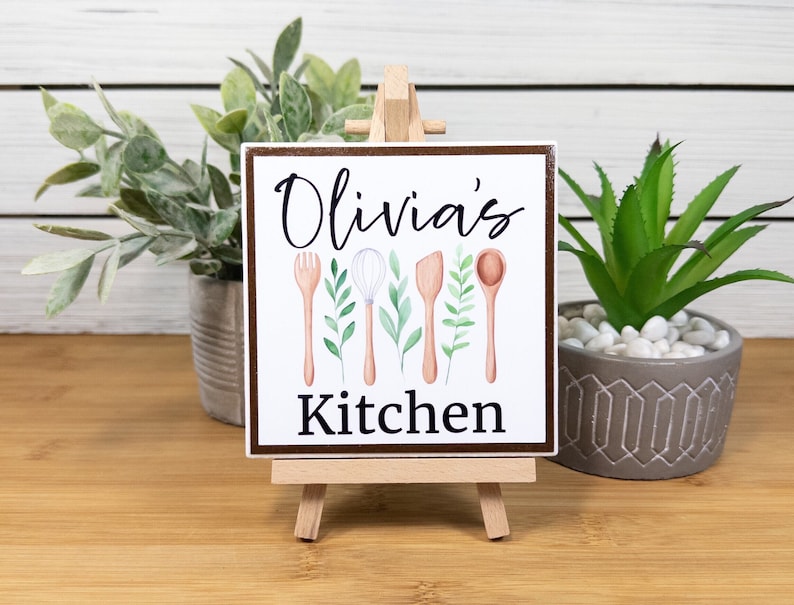 Personalized Kitchen Name Sign, Kitchen Ceramic Tile Sign w/Easel, Modern Farmhouse Tiered Tray Decor, Custom Kitchen Gift for Cook/Chef Brown