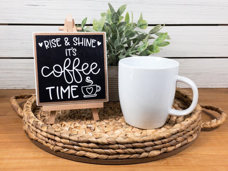 Coffee Bar Ceramic Tile Sign with Easel, Rise and Shine It's Coffee Time Sign, Coffee Themed Tiered Tray Decor, Coffee Lover's Gift image 3