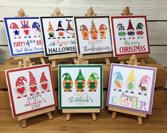 Holiday Gnomes Ceramic Tile Signs, Set of Holiday Gnome Tiles with One Easel, Choice of 3 Sets