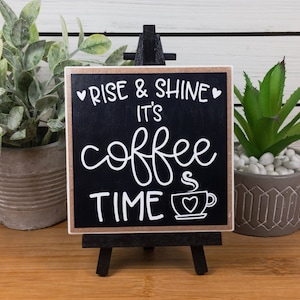 Coffee Bar Ceramic Tile Sign with Easel, Rise and Shine It's Coffee Time Sign, Coffee Themed Tiered Tray Decor, Coffee Lover's Gift Black Paint