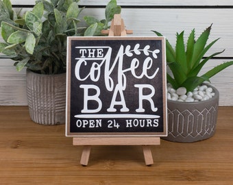 Coffee Bar Ceramic Tile Sign with Easel, The Coffee Bar Open 24 Hours Sign, Farmhouse Tiered Tray Coffee Sign, 4.25x4.25 inches