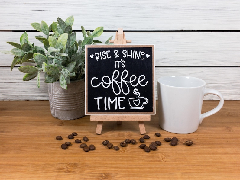 Coffee Bar Ceramic Tile Sign with Easel, Rise and Shine It's Coffee Time Sign, Coffee Themed Tiered Tray Decor, Coffee Lover's Gift image 7