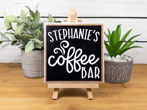 Personalized Coffee Bar Ceramic Tile Sign w/Easel, Farmhouse Tiered Tray Coffee Decor, Coffee Lover's Gift, Customize w/ First or Last Name
