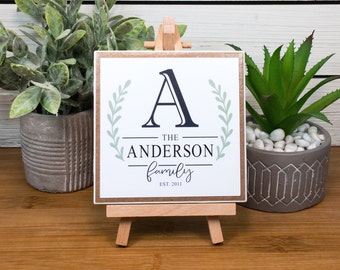 Personalized Family Name Sign, Monogram Last Name Ceramic Tile Sign with Easel, Custom Anniversary, Wedding, and/or Housewarming Gift