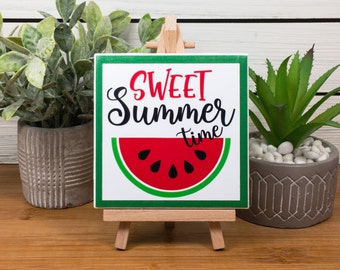 Sweet Summertime Ceramic Tile Sign with Easel, Red Watermelon Summer Sign, Summer Farmhouse Tiered Tray Decor