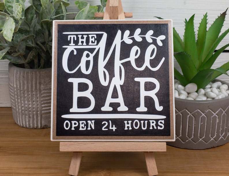 Coffee Bar Ceramic Tile Sign with Easel, The Coffee Bar Open 24 Hours Sign, Farmhouse Tiered Tray Coffee Sign, 4.25x4.25 inches image 4