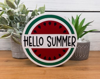 Hello Summer Watermelon Tiered Tray Decor/Shelf-Sitter, Hello Summer Watermelon Mini Round Wood Sign, Fun Summertime Decor