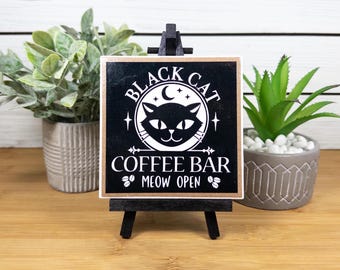 Black Cat Coffee Bar Sign, Halloween Ceramic Tile Sign with Easel, Halloween Tiered Tray Decor, Perfect Gift for Cat and Coffee Lovers
