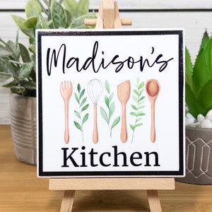 Personalized Kitchen Name Sign, Kitchen Ceramic Tile Sign w/Easel, Modern Farmhouse Tiered Tray Decor, Custom Kitchen Gift for Cook/Chef Black