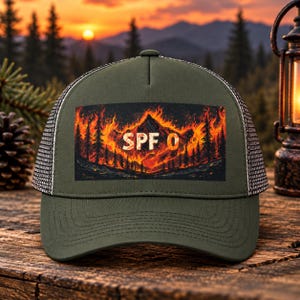 Puede incluir: Una gorra de estilo camionero color verde oliva con un parche rectangular en el panel frontal. El parche muestra un gráfico de una cordillera envuelta en llamas naranjas y amarillas con pinos, y el texto blanco SPF 0 en el centro.