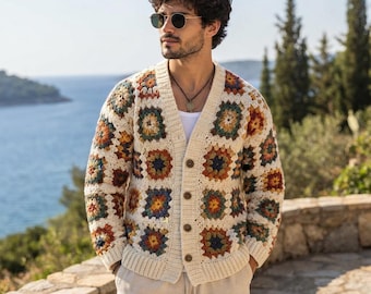 Gehaakt herenhemd, vest in oma-stijl, vintage boho-trui, handgemaakt gehaakt cadeau voor hem, kleurrijke gehaakte kleding