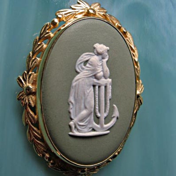 Wedgewood Green Jasper Oval Cameo brooch, 1970s England, Greek Muse figural image, Hope Symbol