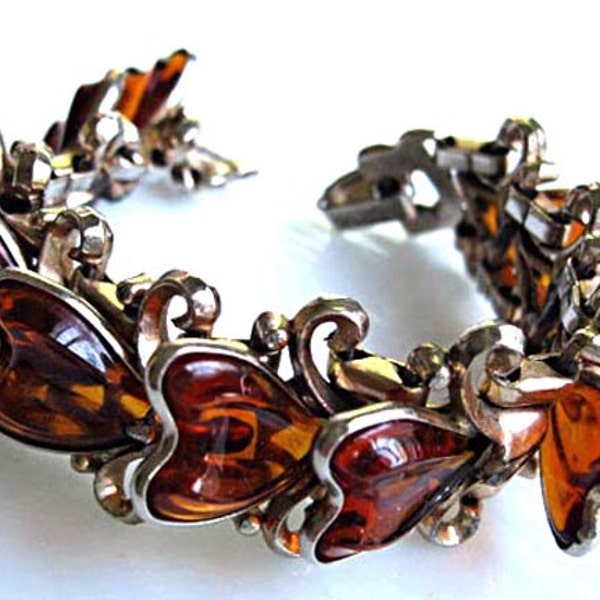 Autumn Fall Bracelet, Poured Resin Tortoise Rootbeer Leaves, Layered Amber Hearts, Articulated Links, Vintage Signed Barclay