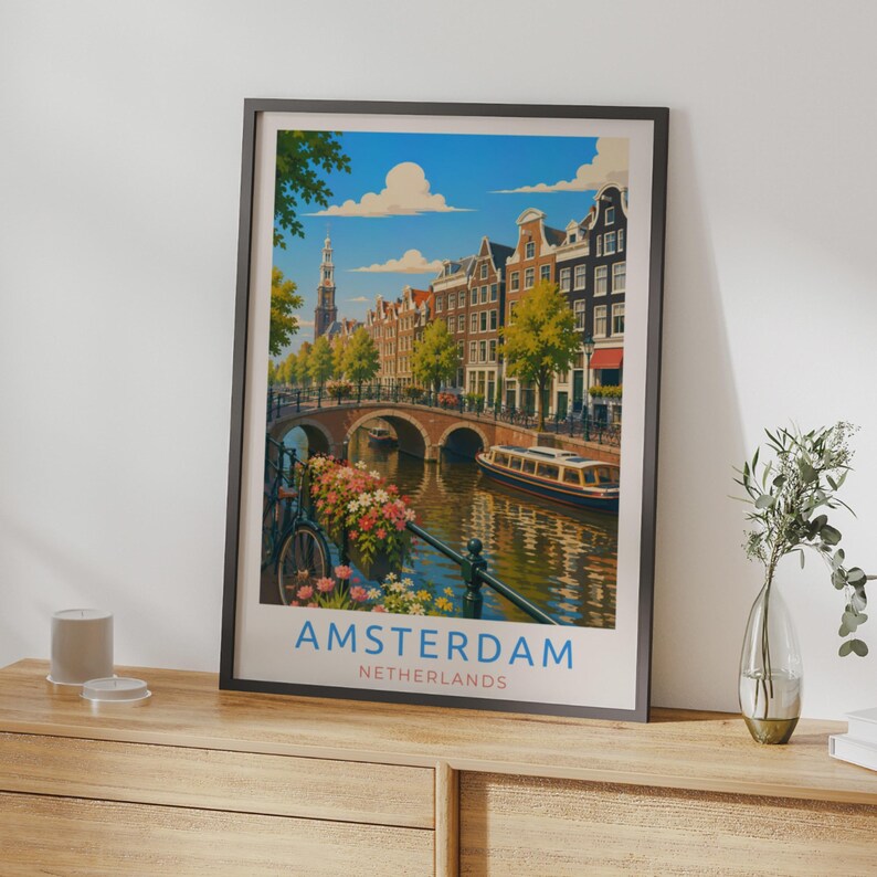 Amsterdam Travel Poster, Netherlands Canal Wall Art, Dutch City Print ...