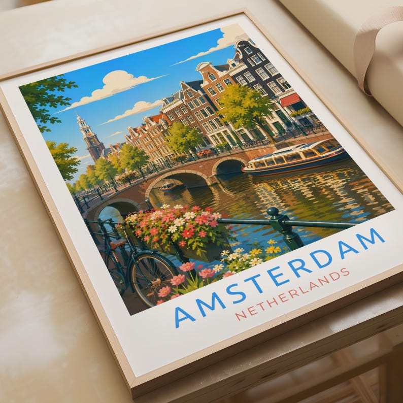 Amsterdam Travel Poster, Netherlands Canal Wall Art, Dutch City Print ...