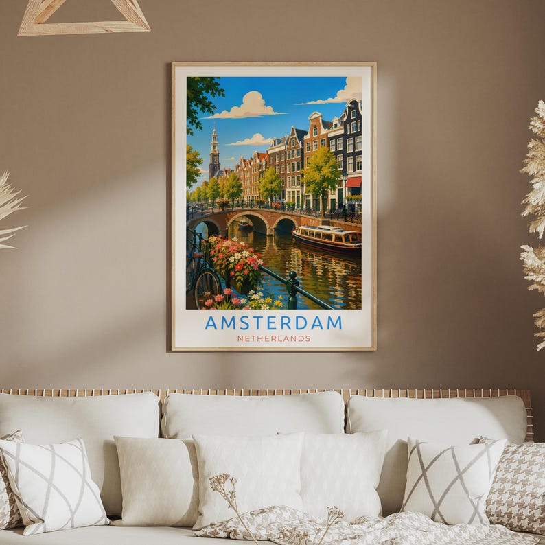 Amsterdam Travel Poster, Netherlands Canal Wall Art, Dutch City Print ...