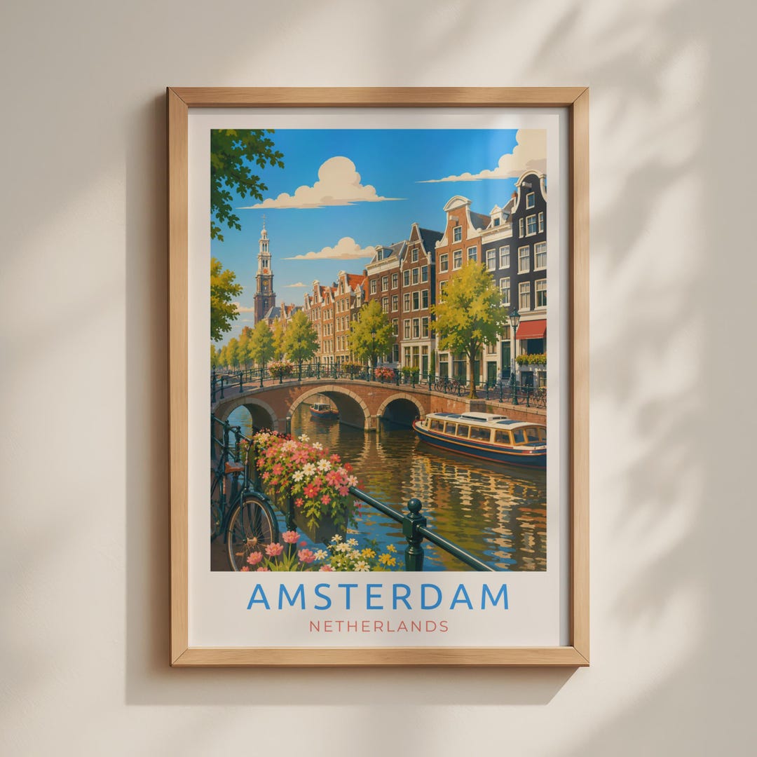 Amsterdam Travel Poster, Netherlands Canal Wall Art, Dutch City Print ...
