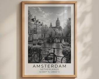 Amsterdam Nederländerna svartvit poster, kanaltryck, reseväggkonst