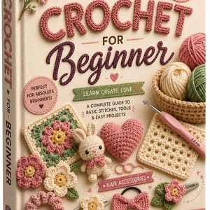 Può includere: Un libro con copertina rigida intitolato Crochet for Beginner con una copertina color crema che mostra gomitoli di lana rosa, verde e crema, un uncinetto da 5,0 mm, un coniglietto all'uncinetto, un cuore, quadrati floreali e accessori per capelli.