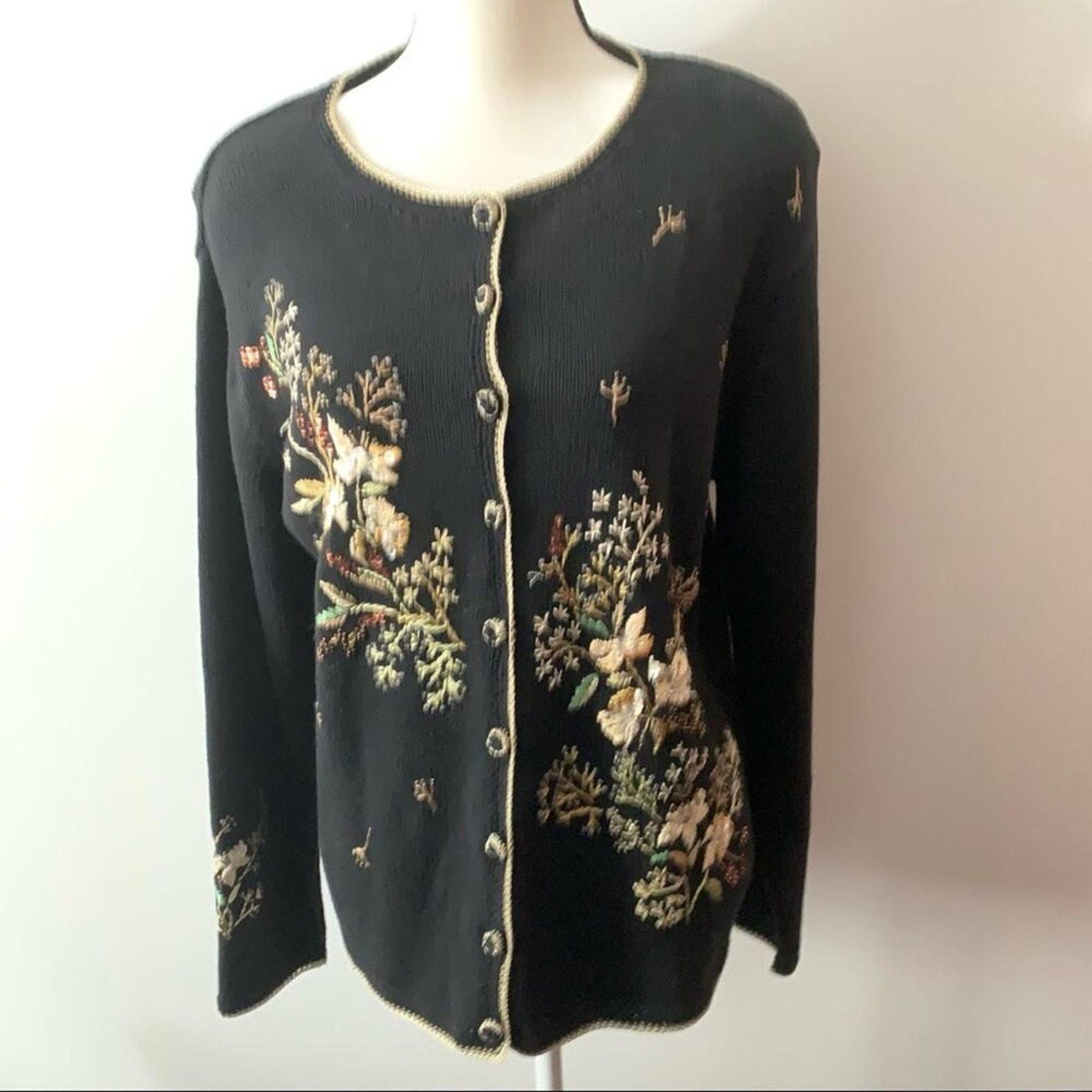 Vintage Cardigan Embroidered Floral Black Cream Blue 12 14 16 main image 1