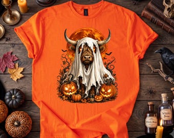Highland Cow Ghost Halloween Shirt, Spooky Western Pumpkin Tee, Unisex Fall T-Shirt