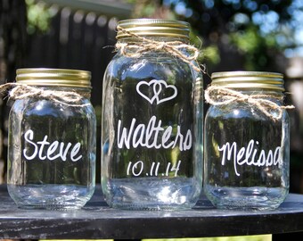 3 Mason Jars, Sand Ceremony, Unity Jars, Mason Jars, Personalized, Weddings, Custom Glass