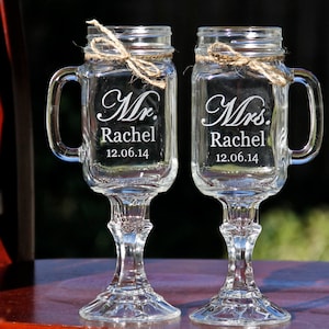 2 Mason Jar MUG Wine Glass, Personalized Etched Glass, Redneck Wine Mugs