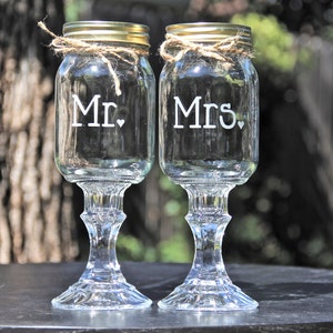 2 Mason Jar Wine Glasses, Mr and Mrs Redneck Wine glass set Wedding image 1