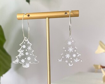 Christmas Tree Earrings, Clear Patternply Snowflakes, Snowflake Earrings, Snowflake Trees