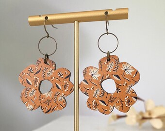 Fall Flower Wood Earrings, Wood Patterns, Fall statement earrings