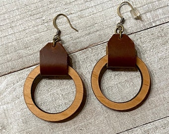 Leather and Wood Earrings, Circle Geo Earrings