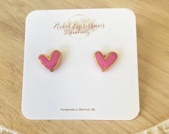 Heart Studs, Polymer Clay Pink Heart Earrings, Gold Heart Valentines Day Earrings, Pink Heart Studs