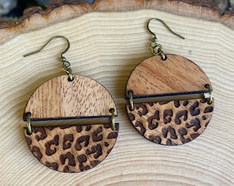 Wood Leopard Earrings: Laser Cut Cherry Wood Dangles