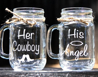 2 Mason Jar Mugs, Her Cowboy & His Angel