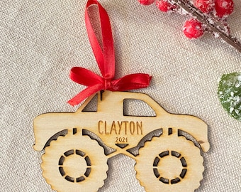 Personalized Monster Truck Ornament, Wood Engraved Christmas Ornament