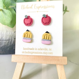 Teacher Earrings, Apple Earrings, Pencil Earrings, Polymer Apple Studs, polymer Pencil stud earrings, Gifts for teacher