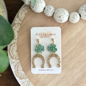 St Patricks Day Earrings / Acrylic Sparkle Green Clover Earrings / Three Leaf Clover earrings / St Paddys Day Earrings / Lucky / Irish image 2