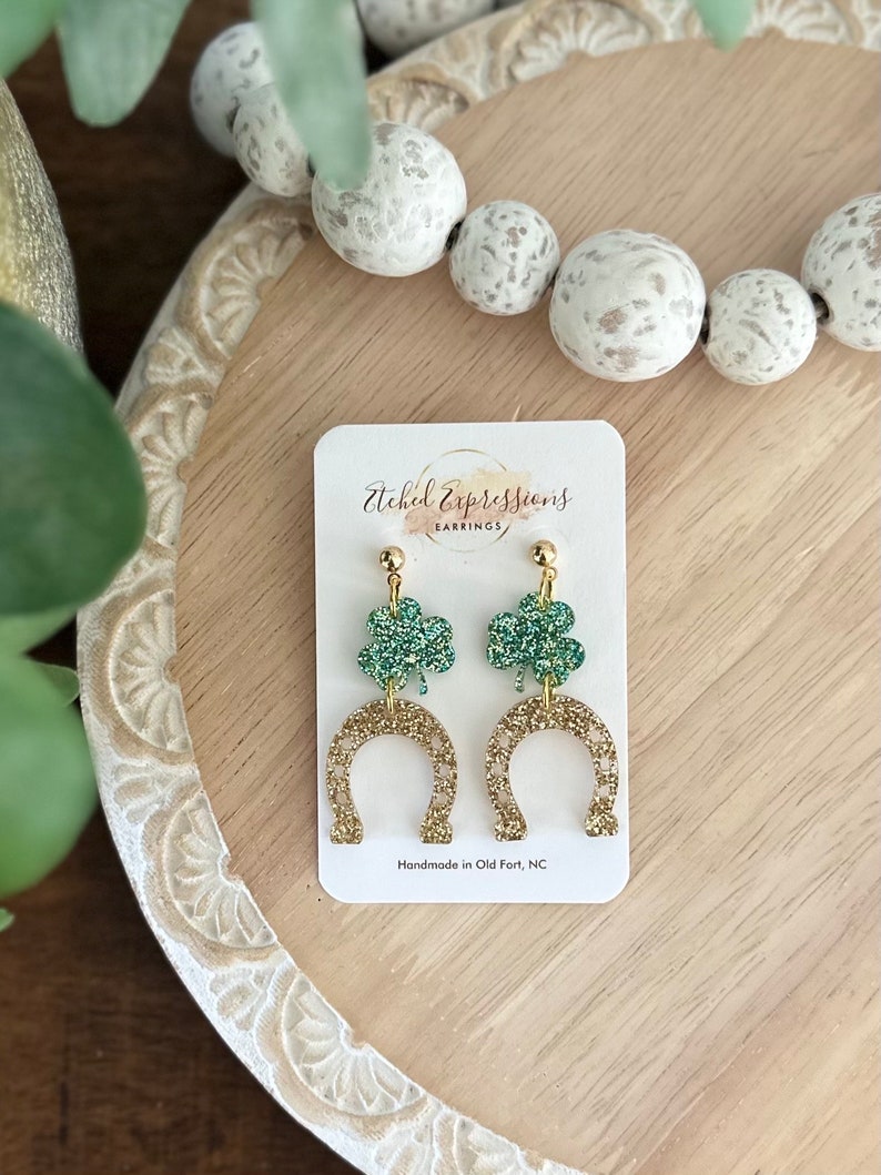 St Patricks Day Earrings / Acrylic Sparkle Green Clover Earrings / Three Leaf Clover earrings / St Paddys Day Earrings / Lucky / Irish image 2