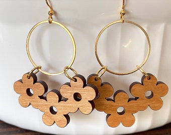 Triple Daisy Dangle Wood Earrings