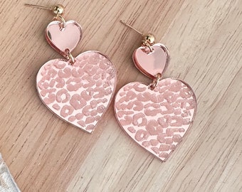 Leopard Pink Heart Earrings / Mirror Pink Leopard Earrings / Mirrored Pink Acrylic Earrings / Leopard Heart Earrings