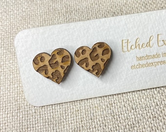 Leopard Heart Wood Stud Earrings, Wood Earrings, Wood Studs