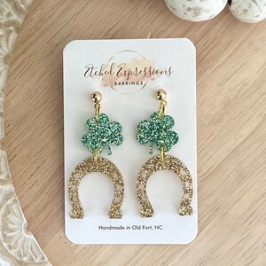 St Patricks Day Earrings / Acrylic Sparkle Green Clover Earrings / Three Leaf Clover earrings / St Paddys Day Earrings / Lucky / Irish image 1