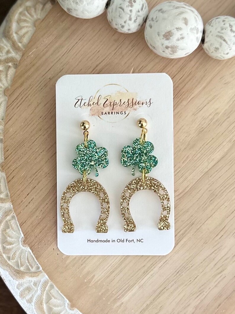 St Patricks Day Earrings / Acrylic Sparkle Green Clover Earrings / Three Leaf Clover earrings / St Paddys Day Earrings / Lucky / Irish image 1