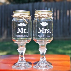 2 Mason Jar Wine Glasses, Mr and Mrs Redneck Wine glass set Wedding image 3