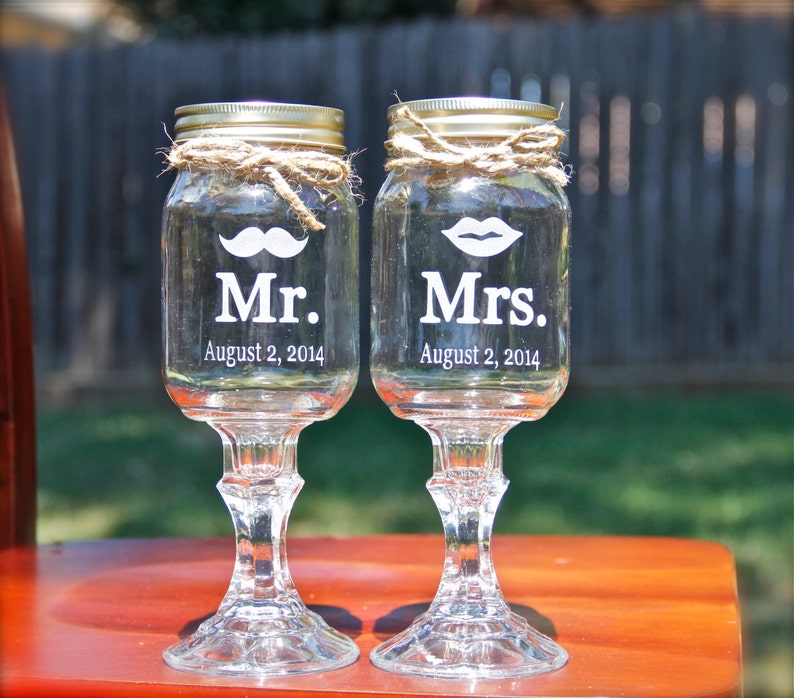 2 Mason Jar Wine Glasses, Mr and Mrs Redneck Wine glass set Wedding image 3