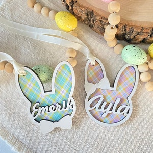 Personalized Bunny Easter Basket Tag: Laser Cut Plaid Wood