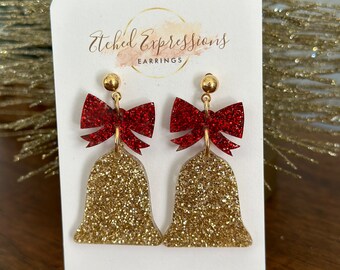 Gold Bells Earrings  / Christmas Sparkly Bell Earrings /  Christmas Gold Sparkle Bells Earrings / Sparkle