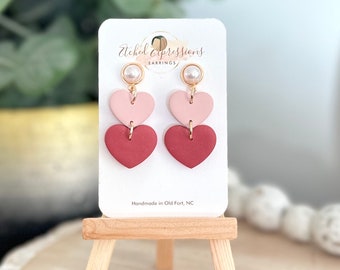 Heart Pink and Red Earrings / Clay Earrings / Clay Earrings / Valentines Earrings / Classy Earrings / Pearl / Pearl Earrings / Raspberry Red